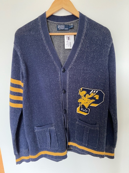 Polo Ralph Lauren Sweaters - Polo by Ralph Lauren Navy Varsity Cardigan with Gold Patch and Stripes-M